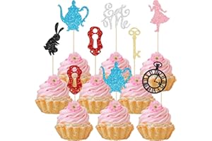 Gyufise Confezione da 28 topper per cupcake a tema Alice nel paese delle meraviglie, glitterati, per feste di tè, feste di tè, decorazioni per torte per baby shower, ragazzi e ragazze, per feste di