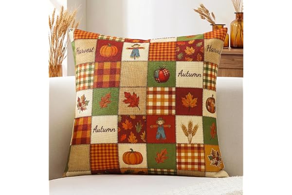 Artscope Höst kuddfodral 50 x 50 cm, set med 1 rutig fågelskrämma lönnlöv äppelveteöron örngott höst Thanksgiving kuddöverdra