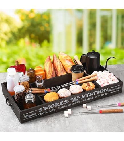 S'Mores Station Organizer Van Hout Met Ijzeren Handvat | 4 Vakken Voor Chocola, Marshmallows, Koekjes En Snacks