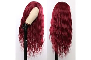 MEIRIYFA Lange lockige, gewellte Perücke für Damen, Weinrot, lange wassergewellte Perücke, Mittelscheitel, ohne Pony, natürlich aussehende Kunsthaar-Perücken