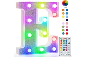 VIMLITS Colorful Light Up Letters, Glitter LED Letter Lights 18 Color Changing Shiny Alphabet Sign Gifts for Girls Women Party Birthday Decorations Remote Night Light Christmas Valentine Wall Table Decor - E