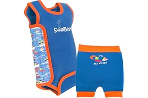 Swimbest Swimsuit & Nappy Set - Neoprene Wrap Around Baby Swimming Costume with a Free Swim Nappy- All at Sea, 6-12 mths/6-9m (6-8 kgs)