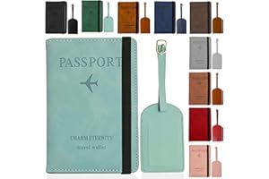 Jeal23 Set Funda Pasaporte + Etiqueta de Maleta | Porta Documentos con Bloqueo RFID | Viajes Accesorios Unisex (Azul Claro)