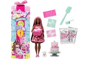 Barbie Party Unboxed Doll & Accessories, Pet Birthday Series Shimmerin’ Hearts Set with 10 Surprises Including Color Change & Cake-Decorating Activity, JFG71
