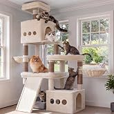 Heybly Cat Scratcher, 184 cm Large Scratching Tree with 3 Wide Platforms, 2 Caves, 2 Baskets and an Extra Large Sisal Scratch
