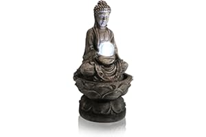 Primrose 66cm Antique Effect Buddha & Crystal Ball Water Feature Fountain with LED Lights Indoor Outdoor