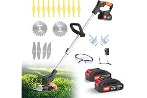 Jwdj 3.1lb Ultra Light Cordless Grass Strimmer 21V with 16 Metal Blades 2x2000mAh Batteries 6" Cut Width for Lawn and Garden Weed Control