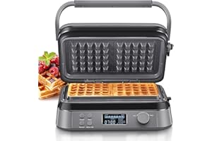 REEMIX Waffle 1600 W doppio waffle belga per waffle, 5 programmi, 7 livelli di tostatura, controllo tramite display LCD, timer, pratico slot per troppopieno, acciaio inossidabile
