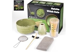 GUIGA 7PCS Matcha Kit Japanische Zeremonie,Matcha Tea Set,Bambuslöffel, Bambusschaufel, Peitschenhalter, Matcha-Set für die Teezeremonie (Schale – Grüner Tee, Matcha Besen – Bambus)
