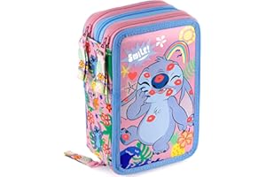 Clondo Astuccio Triplo Riempito Bambina, Per Stitch e Angel Kiss Fan, 45 Accessori Scuola, 3 Zip, Scomparti Organizzati, Pastelli, Pennarelli, Colla, Forbici