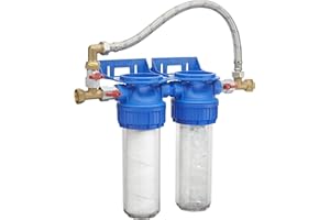 Station Double traitement Anti Calcaire/filtration Anti Impuretés 25 microns avec By Pass + raccords écrous tournants + vannes + clé de desserage + cartouches 12 mois fournies ORIA