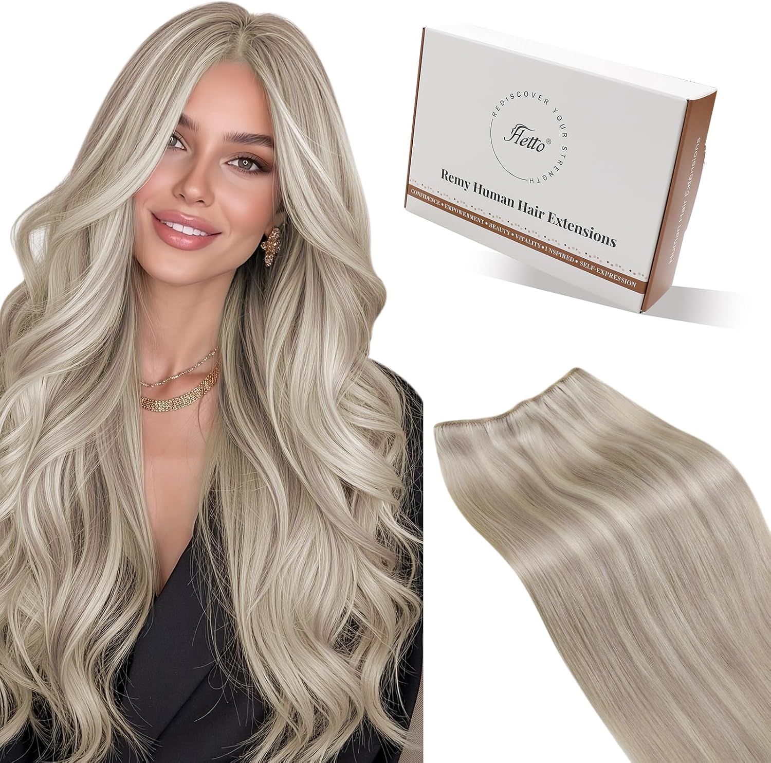 Hetto Weft Hair Extensions Real Human Hair Ash Blonde Highlights Light Blonde 16 Inch - Salon Weft Hair Extensions Sew in Human Hair Wefts Hand-Tied, Durable for Full Head Styling 80g #18/613