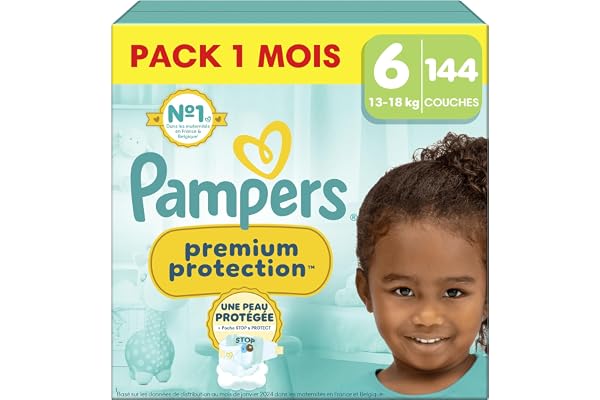 Pampers Premium Protection, Taille 6, 144 Couches, 13-18kg, Double Protection pour la peau et contre les fuites Avec Poche Stop & Protect pour aider à capturer les Fuites, Pack 1 Mois