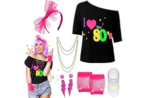 Sekepingo Disfraz Años 80 Mujer Neón, Conjunto de Disfraz de Los 80 para Mujer Chándal Retro, Camiseta, Guantes de Rejilla, Diadema, Pendientes, Collar y Pulsera