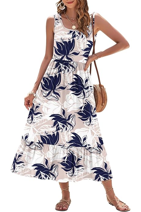 TANMESSO Damen Sommerkleid Boho - Floral Print V-Ausschnitt Mit Taschen