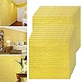 Barebeauty Wall Stickers Wallpaper PE Foam Brick Design DIY Decal (70 x 77 cm) 3D Frames PVC DIY Self Adhesive (White) (Lemon Yellow)