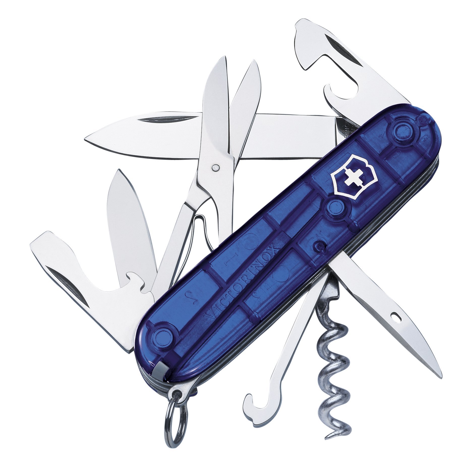 Victorinox Climber Swiss Army Knife, Medium, Multi Tool, 14 Functions, Blade, Bottle Opener, Blue Transparent