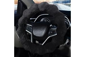 Pahajim Couvre Volant Fourrure Fluffy Protege Volant Voiture，Fuzzy Protection Volant Extensible Universelle 36-39cm Moumoute Accessoires d’intérieur (Noir)