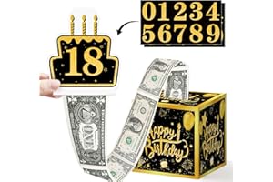 GEBETTER Regalo Cumpleaños, 1* Caja Dinero + 30* Bolsas Plástico Transparentes Celofán + 1* Tarjeta Tarta Tirar + 2* Pegatinas 0-9, Hucha Sorpresa Billete en Efectivo Manualidades DIY (Negro Oro Edad)
