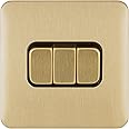 Schneider Electric Lisse Screwless Deco - 3 Gang 2 Way Light Switch, 10AX, GGBL1032BSB, Satin Brass with Black Insert