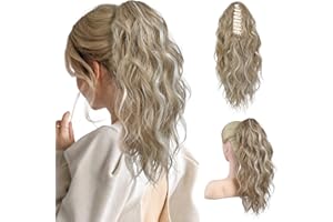 ‎FLUFYMOOZ FLUFYMOOZ Ponytail Extension Pferdeschwanzverlängerung, 46 cm Klauenclip Pferdeschwanzverlängerung, gewellte lockige Klauenclip in Pferdeschwanz Haarverlängerungen (Hellblond mit Highlights)