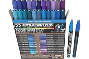TOOLI-ART marqueur acrylique Ensemble de 22 marqueurs assortis de la série Pro Color, pointe extra fine de 0,7 mm pour la peinture rupestre, le verre, les tasses, le bois, la toile, non toxique(bleu)