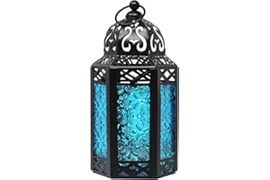 Vela Lanterns Black Metal Decorative Moroccan Lantern Candle Holder Lamp for Indoor or Outdoor Home Decor, Small, Blue