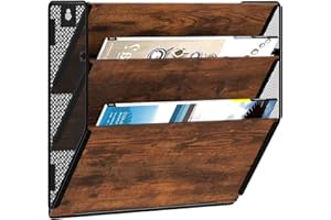 Senhoglb A4 Metall Zeitungshalter Wand, 3-stöckig Netz-Hängeregister, Holz Zeitschriftenständer, Dokumenten Organizer, Wandhalterung Aktenhalter, Prospekthalter Wand für Büro, Antik Braun