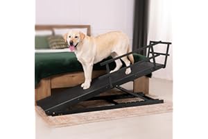 PRIORPET Rampe pour Chien Grande Taille pour Lit avec Barrières de Sécurité – pour Lit Haut jusqu'à 94,5 cm – Capacité jusqu'à 90 kg – Rampe de lit pour Chien Pliable, Antidérapante – Bois de Bouleau – Noir