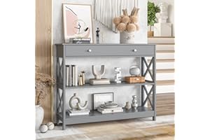 LIFEZEAL Mesa de Consola, Mesa de Entrada Estrecha, Mesa Auxiliar con cajón y estantes de Almacenamiento de 2 Niveles, 100 x 30 x 81 cm(Gris