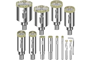 ASNOMY Juego de 12 sierras perforadoras de diamante con broca piloto, 1/4 a 1-3/8 pulgadas, sierra perforadora recubierta con punta de diamante con broca guía para vidrio, cerámica, mármol, porcelana,