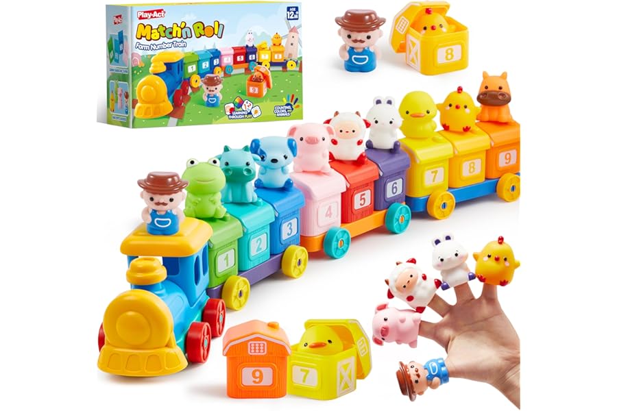Play-Act Learning Toy for Toddlers 1 2 3 Years Old, Counting, Matching & Sorting Montessori Learning Farm Train Including 9 Farm Animals and 1 Farmer, Christmas Birthday Gift for Baby Boys Girls