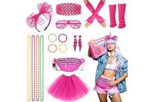 BEAMELY Déguisement Année 80 pour Femme, Festival Accessoire Fluo Tutu, Sac Banane, Bandeau Noeud, Gants, Jambières, Lunettes, Colliers, Bracelets, Boucles d'Oreilles Disco Costume Vêtements