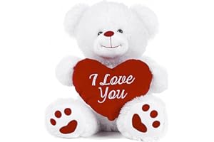 Paws White Teddy Bear holding Red Heart with I Love You written on it (White, 8")