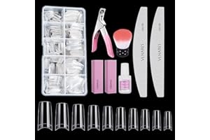 Venares 500 Pezzi Unghie Finte con Colla, 10 Misure Acrilico Unghie Finte Naturale Unghie Tips Set con Colla Lime per Unghie Buffer Unghie Nail Remover Brush Finte Tagliagunhie ( Trasparente)