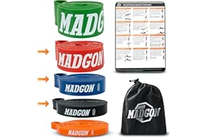 MADGON Elastiques Musculation (en Bande Unique en 5 Forces ou en Set) - Bandes Elastique Fitness Résistantes et Durables avec Sac et Guide PDF – Elastique Fitness Tout Groupe Musculaire