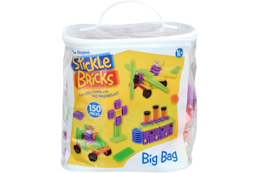 Stickle Bricks Big Bag – Toddler Construction Toy with Assorted Shapes & Colours – Easy Stick & Stack Building Blocks for Creative Play – Storage Bag Included – Ages 18 Months+ – STEM Learning Fun