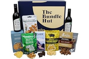 Red Wine, Chocolate and Snacks Gift Set Hamper Box from The Bundle Hut - Includes 2 Red Wine Bottles, Popcorn, Olives, Snacking Cheese, Chocolate & more - Gift for Men & Women (Blue Box)