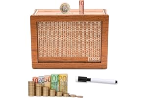 SCBOY Drewniana skarbonka Skarbonka oszczędnościowa Skarbonka wielokrotnego użytku Z celem oszczędnościowym i okienkiem z liczbami Pomaga dzieciom rozwinąć nawyk oszczędzania(5000€)