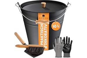‎BLACK OAK BLACK OAK Ascheeimer Fuego 10L - schwarz mit Deckel mit Holz-Griff + Feger + Schaufel & Handschuhen - 10L groß Stahl feuerfest verzinkt & pulverbeschichtet Eimer für Asche Kohle Pellets Zubehör Kamin