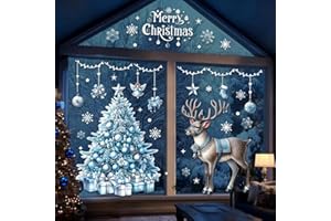 GAEEP Christmas Window Stickers Large, 118 Pcs Blue Xmas Window Clings Reusable, Double Sided Big Windows Decals Christmas Scene for Shop Xmas Decorations with Snowflake Reindeer Tree for Glass Door