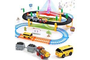 EagleStone Elektrischer Zug Spielset für Kinder 3-8, 2-in-1 Spielzeugzug mit Bus, Doppelspur Gleisen, Beleuchteter Brücke & Zubehör, Geschenk Eisenbahn für Jungen und Mädchen ab 3 4 5 Jahren