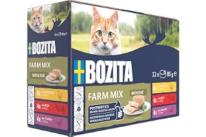 Bozita Mousse Farm Mix – 12x85g våtfoder för katter med fin mousse-konsistens med kyckling, nötkött eller kalkon – spannmålsfri receptur, utan tillsatt socker – med postbiotika som stödjer tarmfloran