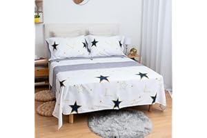 ETREXONLINE Conjunto de Sábanas 4 Piezas Cama 150 cm - Microfibra Ultra Suave Incluye 1 Bajera Ajustable 150x200+28 cm, 1 Encimera 230x270 cm, y 2 Fundas de Almohada 50x90 cm - Color Estrella Blanco