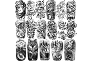 BASIFA Temporary Tattoo for Women and Men, 77 Sheets Realistic Temporary Tattoos Lion Wolf Owl Elk Snake Butterfly Rose for Girls Boys, Waterproof Half Arm Fake Tattoos for Adults Chest Shoulder Neck Hand
