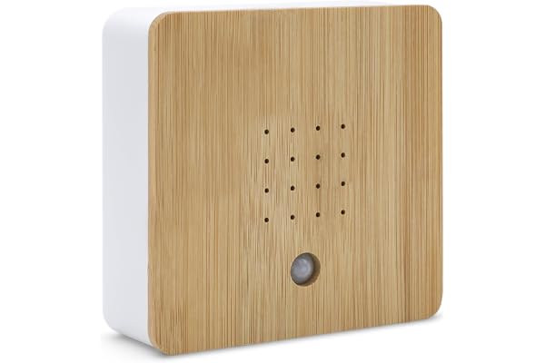 Soundbox med fågelkvitter med bambufront, 12 cm, högtalare med lugnande fågelsång, dekorativ låda med naturligt fågelljud, 2 meter sensor, för badrum, spa, gäster, toalett och avkoppling
