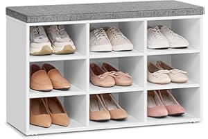 VASAGLE Panca Scarpiera, Scarpiera Ingresso con Seduta Imbottita e 9 Scomparti, Scaffale Porta Scarpe da Ingresso, 30,3 x 78,5 x 48 cm, Bianco e Grigio LHS009W14