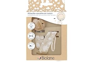 BIOLANE - Attache tétine bébé - Pour tétine ronde - Tissu 100% coton - Beige - Fixation cordon - Clip en bois et métal - Double Sécurité & Anti-glisse