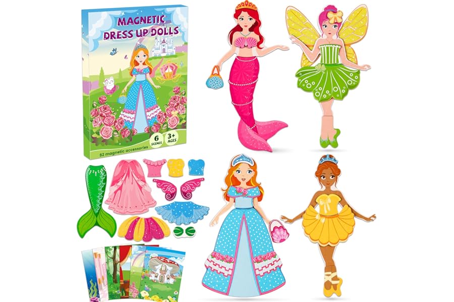 DINSUMRUG Magnetic Dress Up Dolls for Girls,Princess Mermaid Fairy Ballerina Magnet Dolls Dress Up Games Toys,Car Road Trip Airplane Activity Travel Games Toys Birthday Gift for Girls Ages 3 4 5 6 7