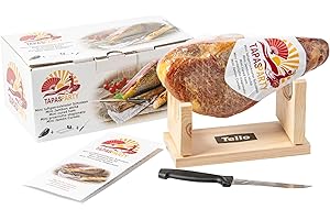 TAPASPARTY Mini Jambon Jamón Serrano Tapas Party avec Jamonero et Couteau | Set Gourmet de 1 kg – Jamón Curado Espagnol Authentique – Idéal pour Tapas, Apéritifs, Fêtes et Occasions Spéciales